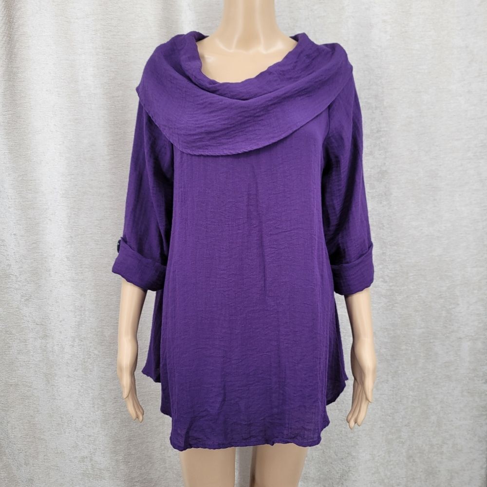 Yushi Clothing Royal Purple 3/4 Sleeve Cowl Neck Tunic Women's Small Oversized